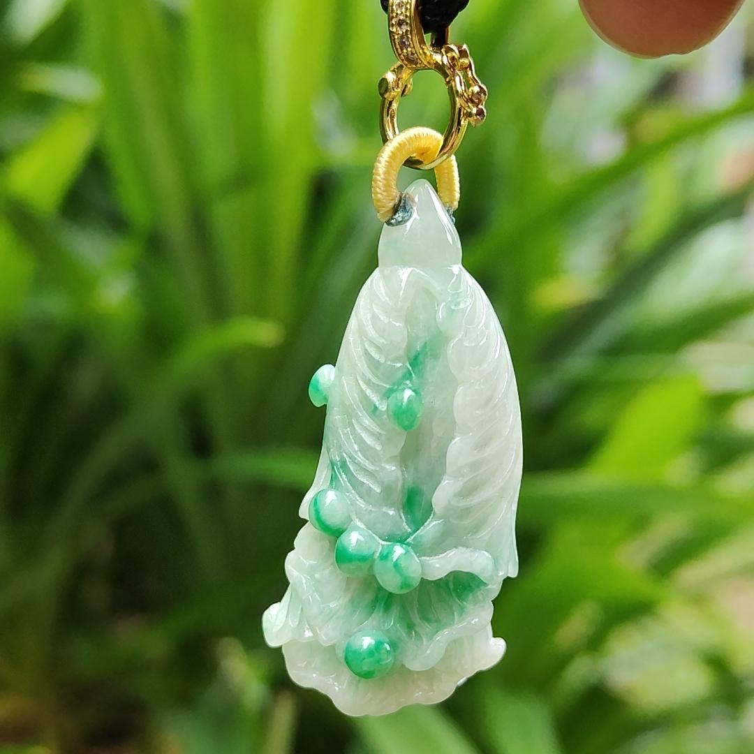 Rare Translucent Near White with Green Patches Natural Type A Jadeite pendant with NGI Gemstone report weight 72.19 grams, 44.87 * 20.83 * 14.52 mm carved as cabbage, with Gravity at 3.33 fine grain crystal aggregate suitable for daily wear (pendant127) Yi Pin Qian