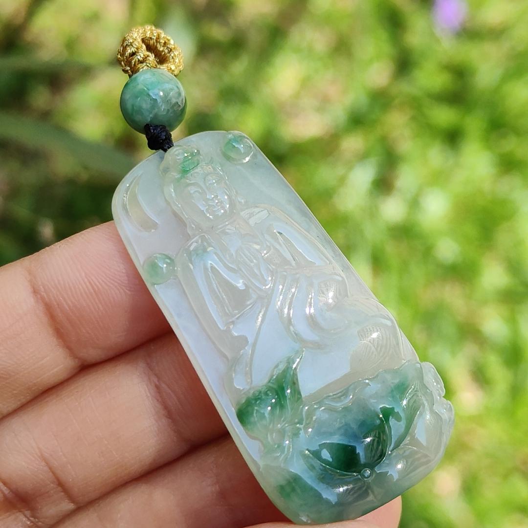 Icy Good Translucency with Green Natural Type A Jadeite Pendant Necklace crafted with Buddha and Lotus, certificate included weigh 13.2 grams, 46.2 * 22.5 * 6.3 mm Yi Pin Qian