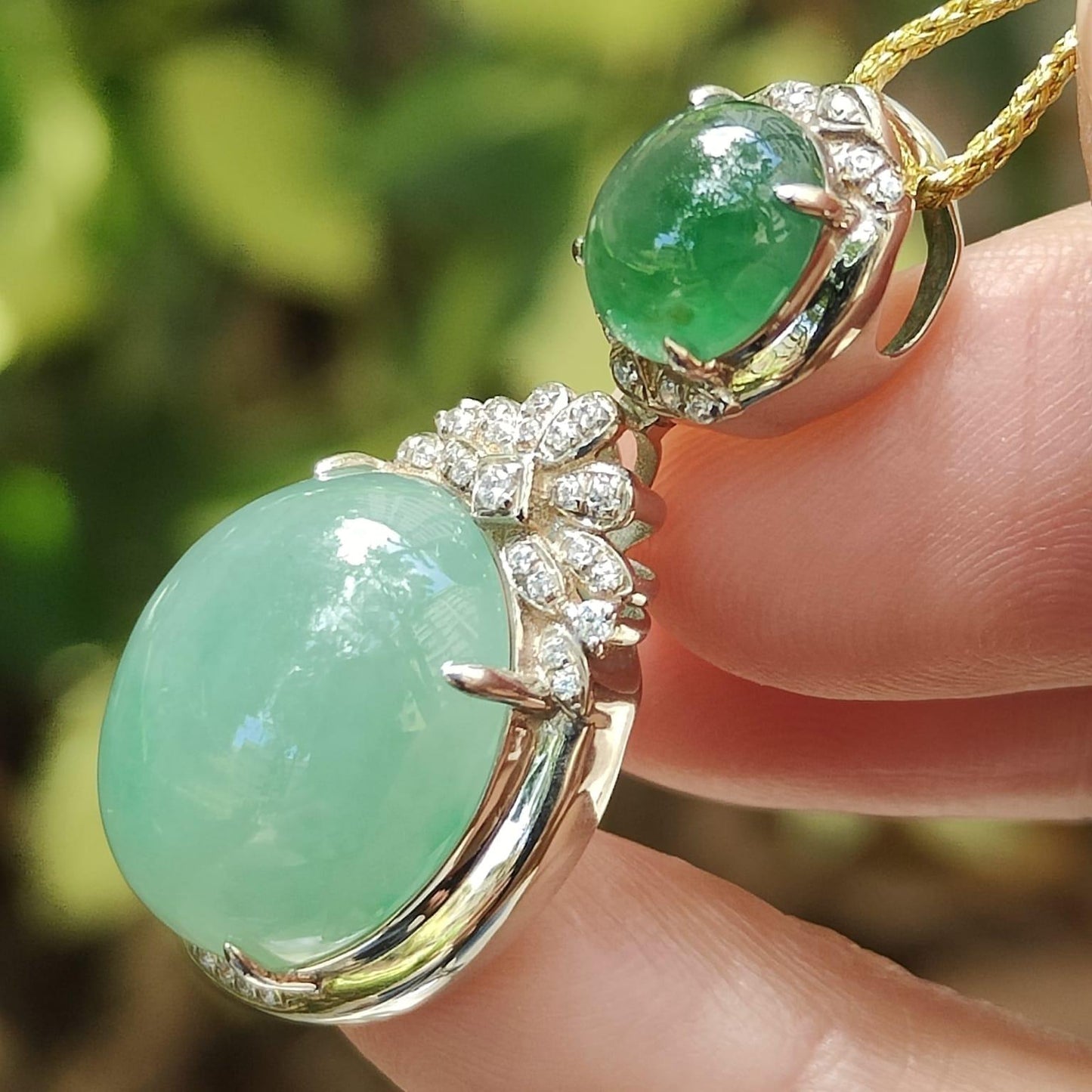 Natural Type A Jadeite Pendant – Icy Emerald & Light Green Cabochons, S925 Silver Setting, Timeless Elegance (s925p6) Yi Pin Qian Jadeites Jade Jewelry ~Your Precious Quintessential ~ Singapore