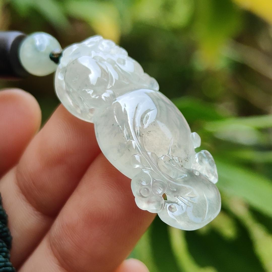 High Quality Icy Translucent Natural Type A Jadeite Jade crafted with Pixiu as Pendant, certificate weighs 6.86 grams, measurement 36.5 * 14.5 * 7.6 mm (pendant261) Yi Pin Qian