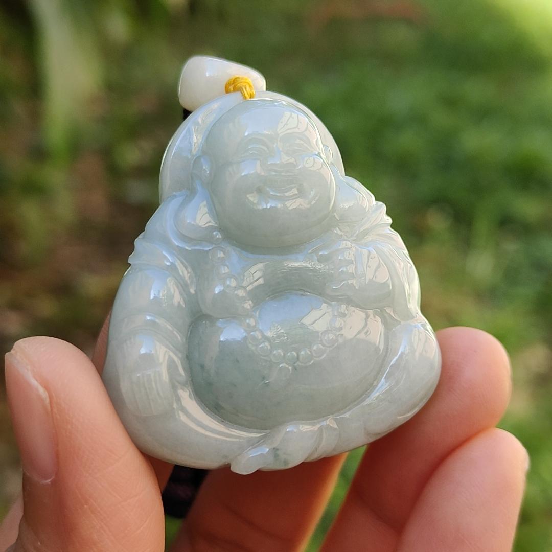 Light Green with green patches Natural Type A Jadeite Jade Pendant Necklace crafted as Laughing Buddha with certificate weigh 36.66 grams, 40.3 * 37.5 * 15 mm (pendant165) Yi Pin Qian