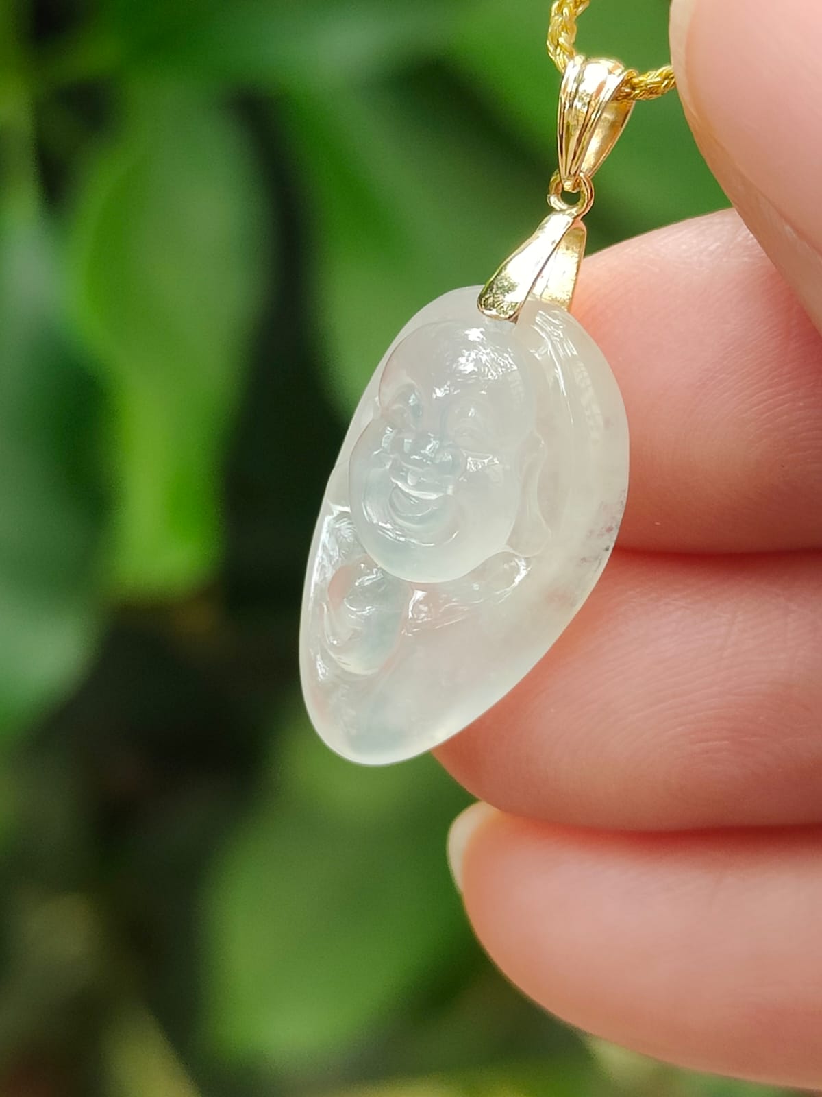 Icy Translucent Milo Buddha Pendant – 🪄Natural Type A Jadeite🪄, 18K Gold Clasp, Symbol of Joy & Abundance (18kp106) Yi Pin Qian Jadeites Jade Jewelry ~Your Precious Quintessential ~ Singapore