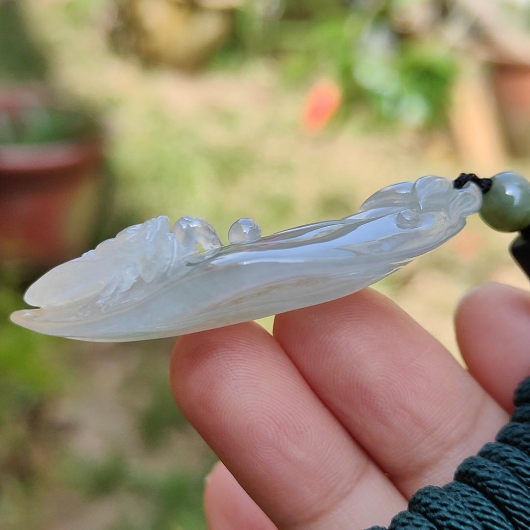 Icy Translucent with Yellow Patches Natural Type A Jadeite Jade crafted with leaf and Cicada as a Pendant, certificate weigh 13.68 grams, measurement 52 * 21.7 * 11.8 mm (pendant224) Yi Pin Qian