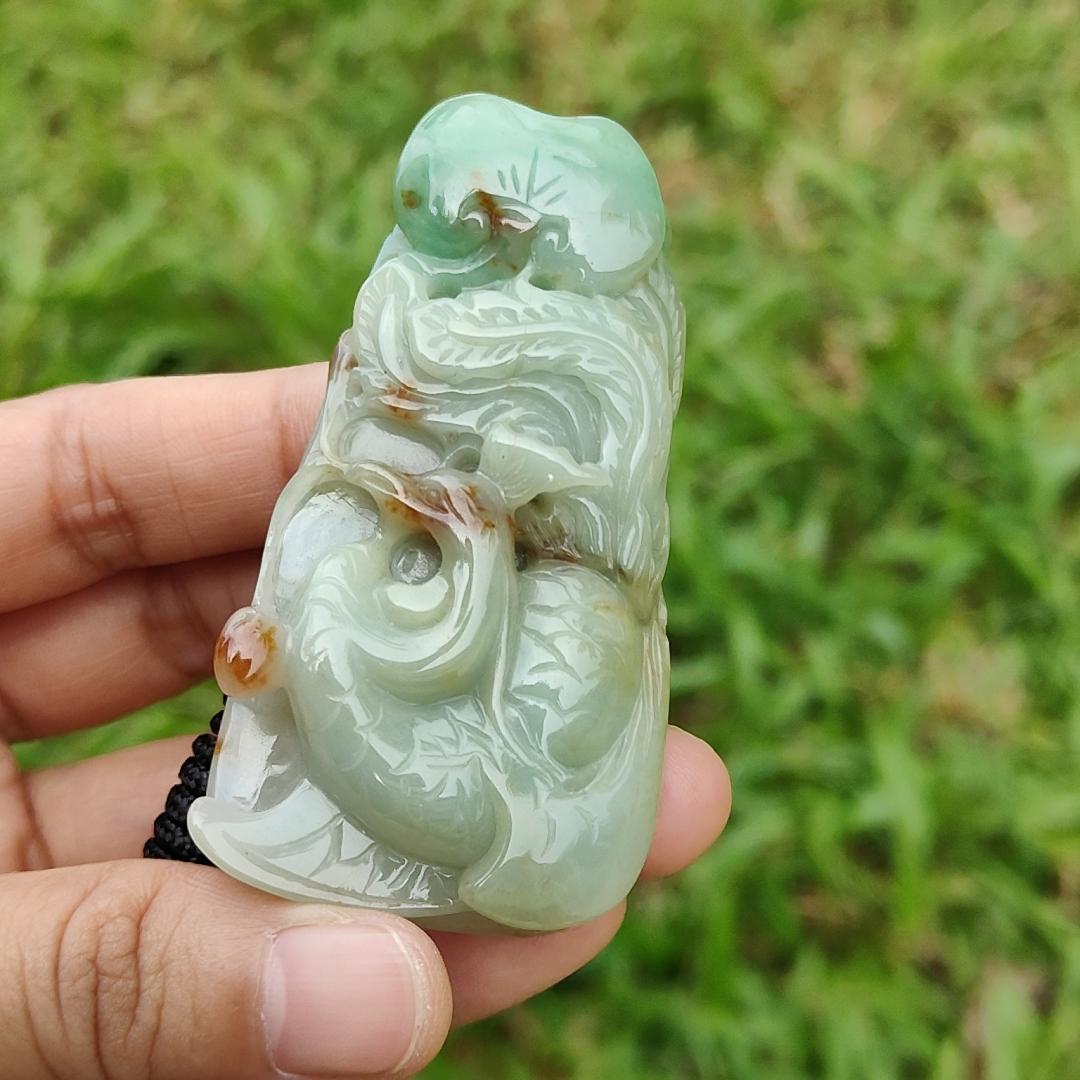 Green with Red Patches Natural Type A Jadeite Pendant Necklae Crafted with Old School Phoenix and ruyi with certificate weigh 50.24 grams, 67.7 * 35 * 11.8 mm, symbols of Good luck and a good life noble authority (pendant23) Yi Pin Qian