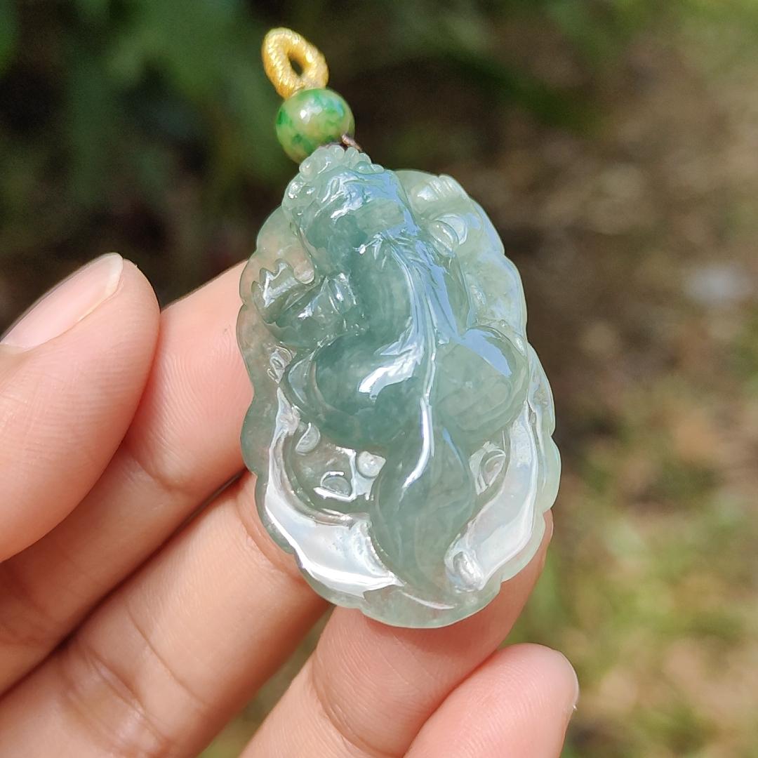 Green Natural Type A Jadeite Jade crafted with Pixiu as Pendant, certificate weighs 12.84 grams, measurement 40 * 23.8 * 10 mm (pendant251) Yi Pin Qian