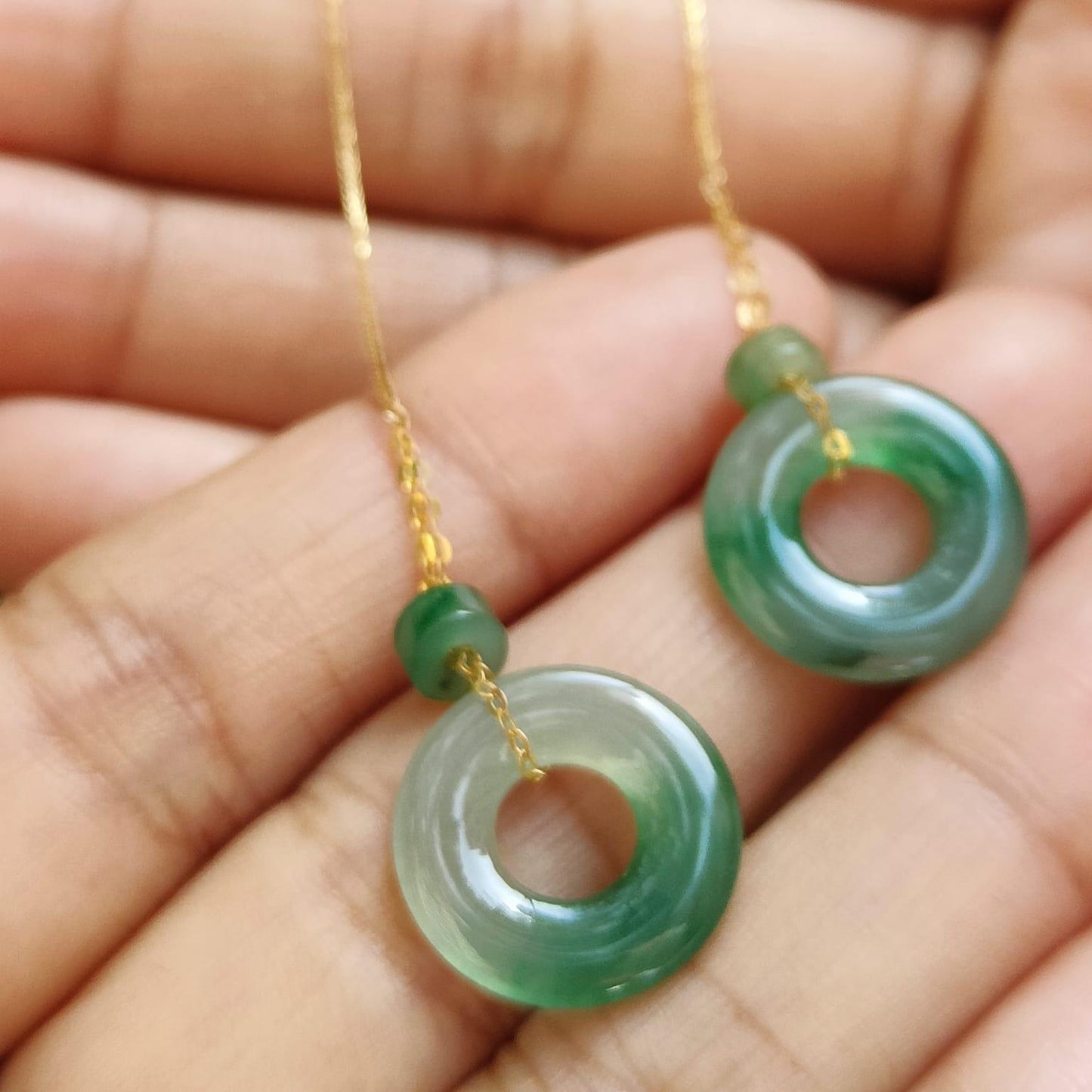 Donut Jadeite Earrings – Natural Type A Jadeite, 18K Gold Thread, Harmony of Five Elements (18k10) (18k10) Yi Pin Qian Jadeites Jade Jewelry ~Your Precious Quintessential ~ Singapore