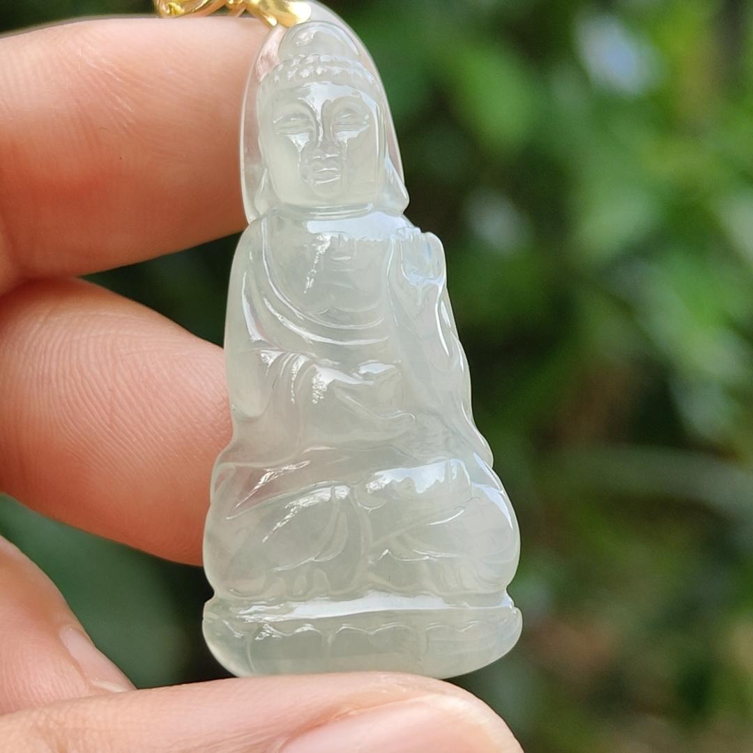 Icy Translucent Natural Type A Jadeite Jade crafted as Buddha with 18k gold clasp as Pendant, certificate weighs 6.78 grams, measurement 41.3 * 17.8 * 6.2 mm (18kp44) Yi Pin Qian