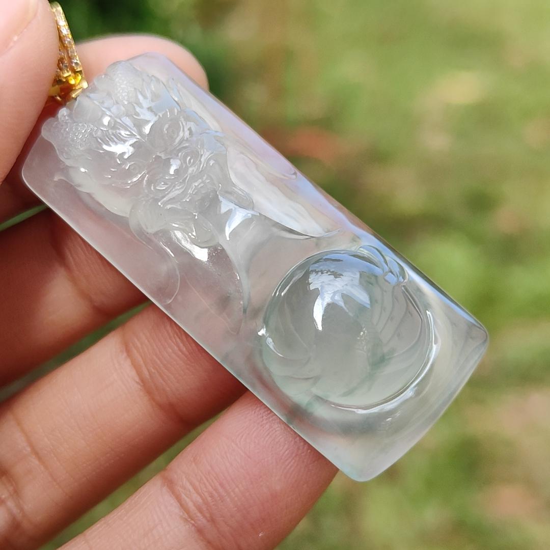 Premium Icy Translucent Light Green Natural Type A Jadeite Jade crafted with Dragon set on 18k Gold as Pendant, certificate weighs 12.99 grams, measurement 46.8 * 19.7 * 7.7 mm (18kp43) Yi Pin Qian