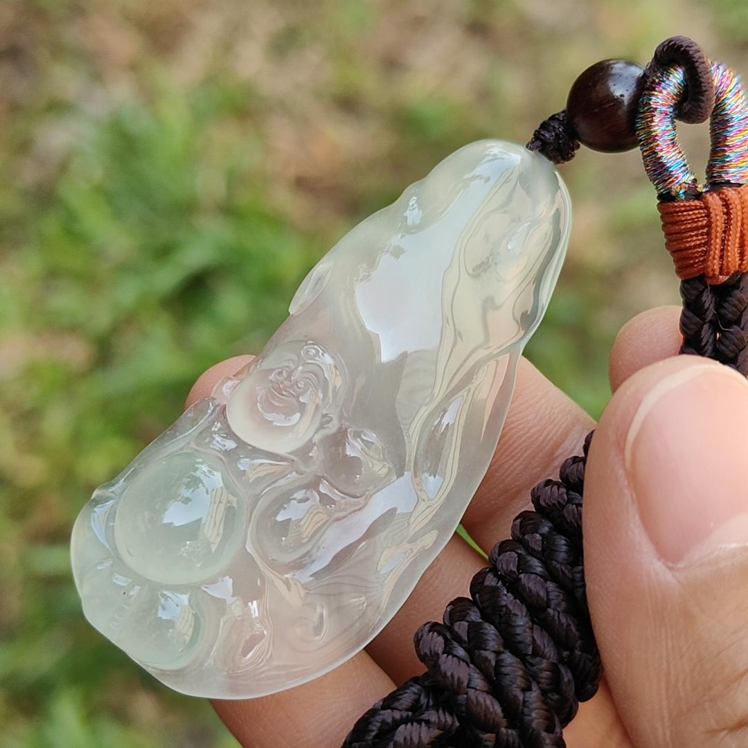 Highly Translucent Premium Icy Natural Type A Jadeite Pendant Necklace crafted as Milo Buddha with certificate, weigh 14.78 grams, 55 * 24.50 * 6.60 mm, symbols of Wealth, luck, prosperity, optimism, and hope, suitable for collections (pendant55) Yi Pin Qian