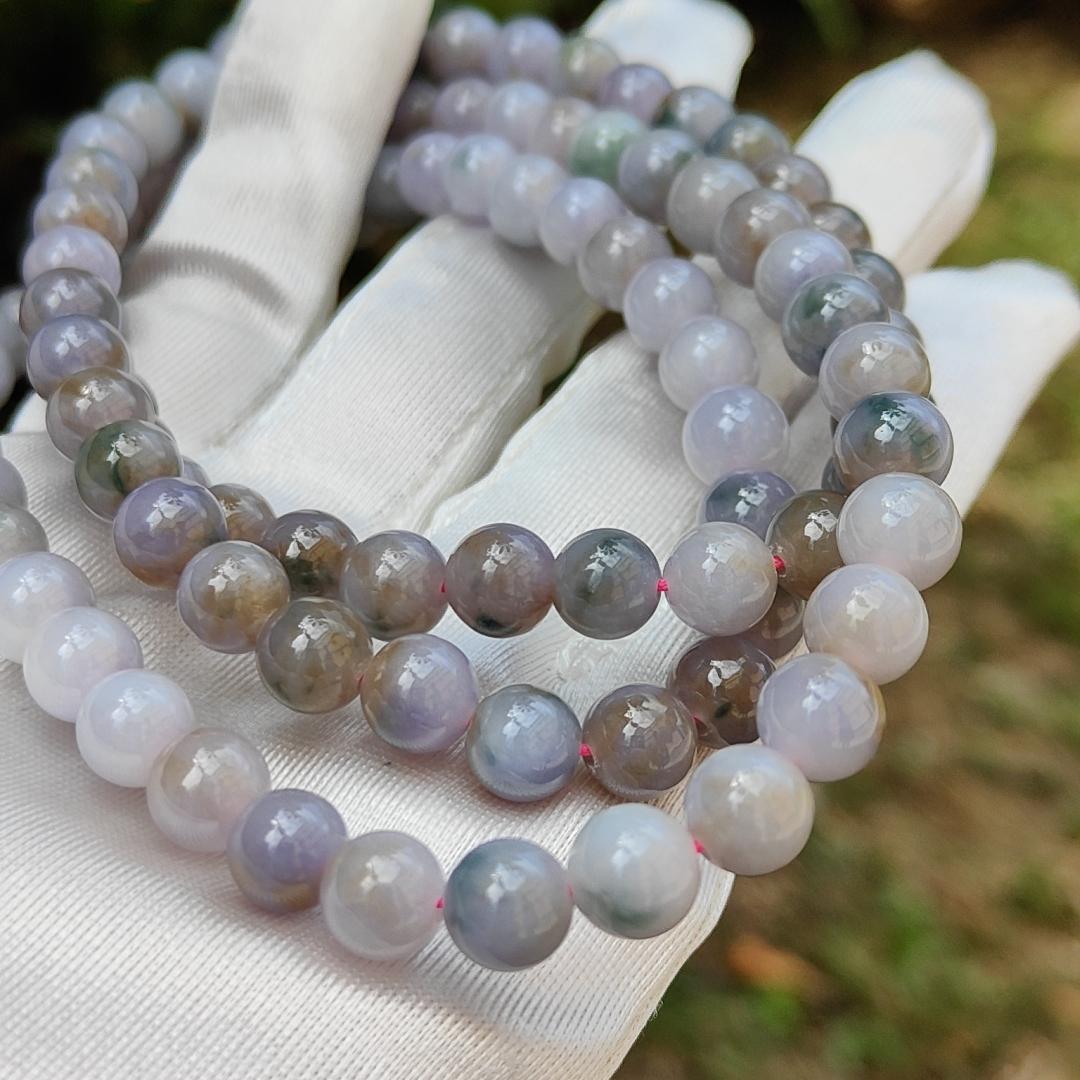 Very Rare Premium Light Green, Lavender and Brown Natural Type A Jadeite Jade crafted as 8mm * 98 beads for Necklace or Bracelet with certificate weigh 82.98 grams (bracelet22) Yi Pin Qian