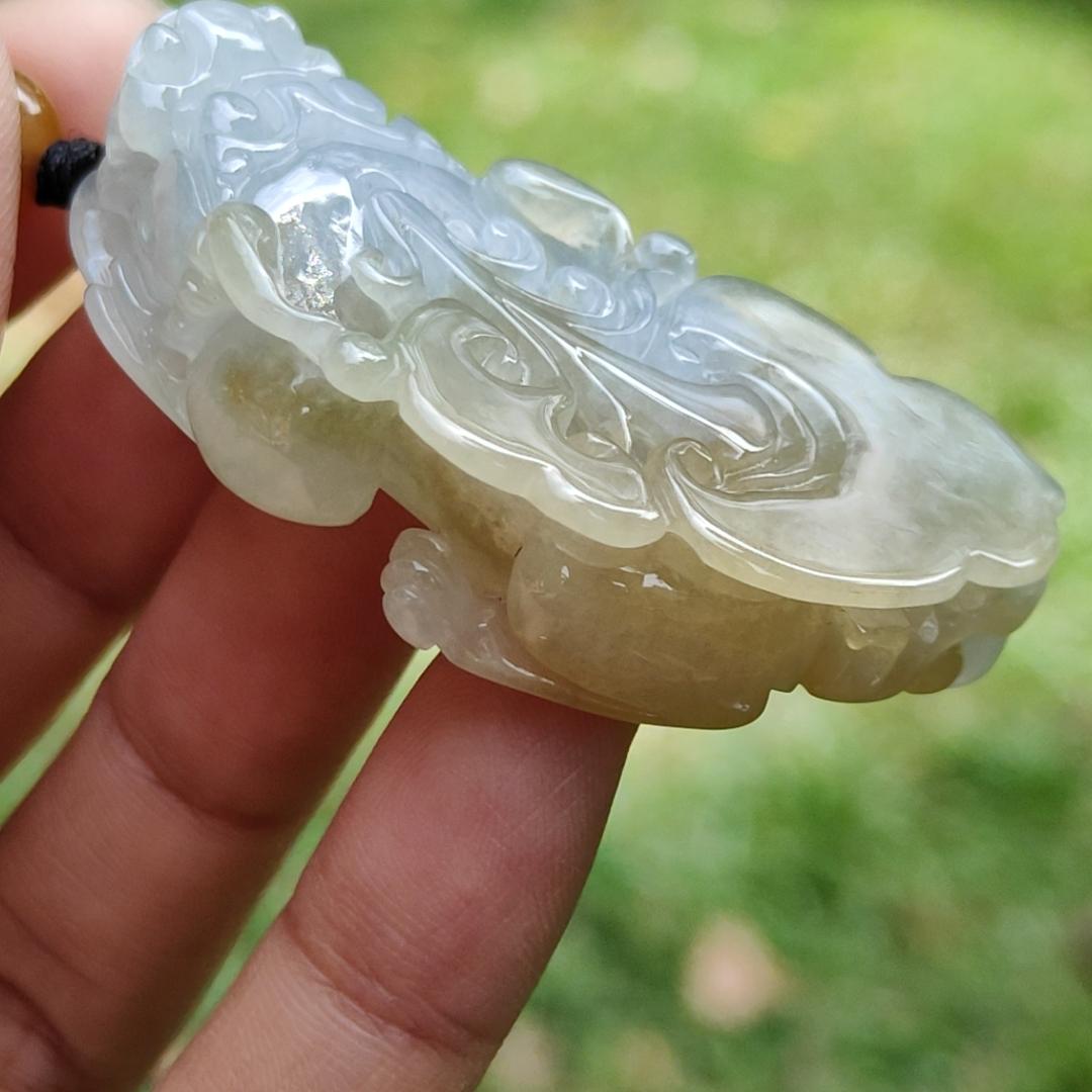 Hight Quality Pair of Yellow with Light Green Hue Natural Type A Jadeite Jade crafted as Pixiu for Pendant, certificate weighs 30.53 grams , 30.35 grams, measurements 50.5 * 26 * 11.5 / 50.5 * 26.2 * 11.5 mm (pendant278) Yi Pin Qian