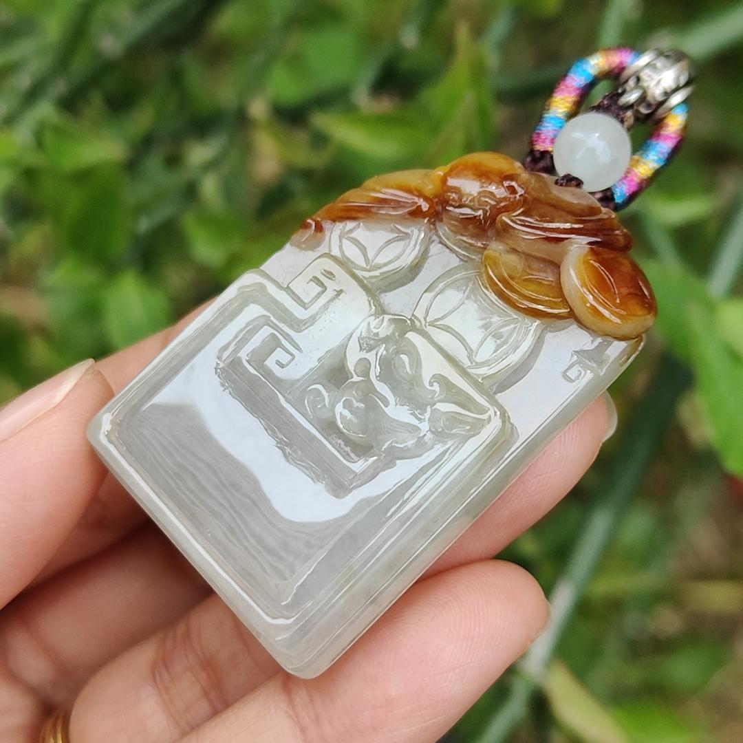Collectible Rare Brown with Red Natural Type A Jadeite Pendant Necklace crafted with Bat, Coins, Old school Style Dragon and chinese word blessing, Symbols of Money, Luck and lots of blessing, Certificate included weigh 25.61 grams, 45.5 * 29.9 * 7.5 mm Yi Pin Qian