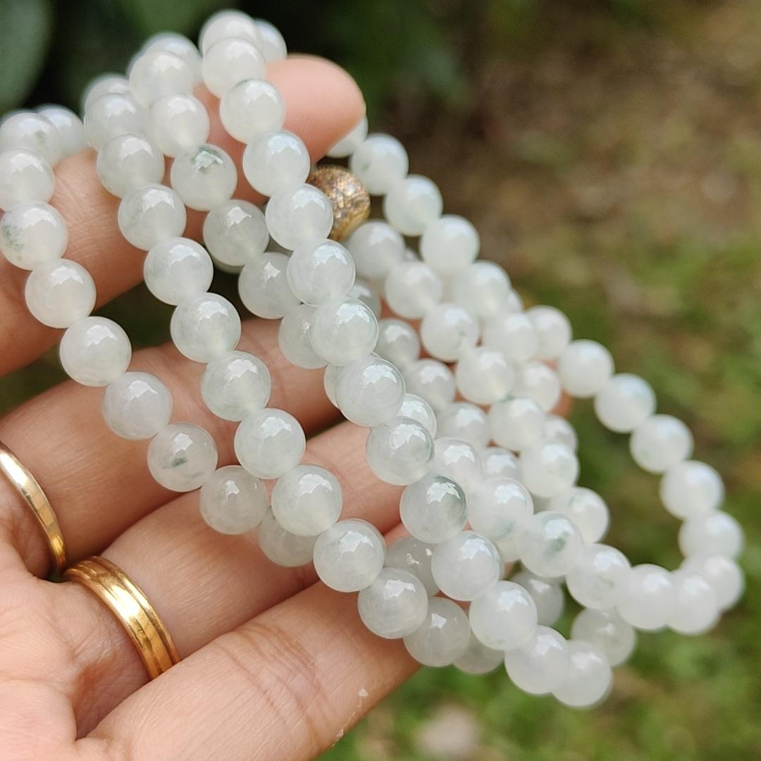 Premium Icy Translucent with Light Green patches Natural Type A Jadeite Jade crafted with 108 * 6.5 mm beads as Bracelet or Necklace, certificate weighs 52.19 grams (bracelet25) Yi Pin Qian