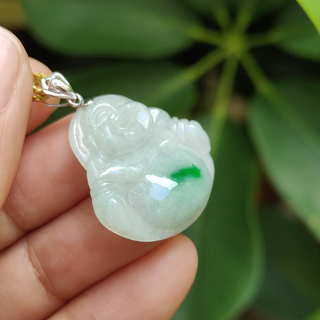 18k Gold Crasp added for Pendant crafted as Milo Buddha with Green Patch Natural Type A Jadeite Jade, certificate weighs 5.01 grams, measurement 24.3 * 25.8 * 5.8 mm (18kp73) Yi Pin Qian Jadeites Jade Jewelry ~Your Precious Quintessential ~ Singapore