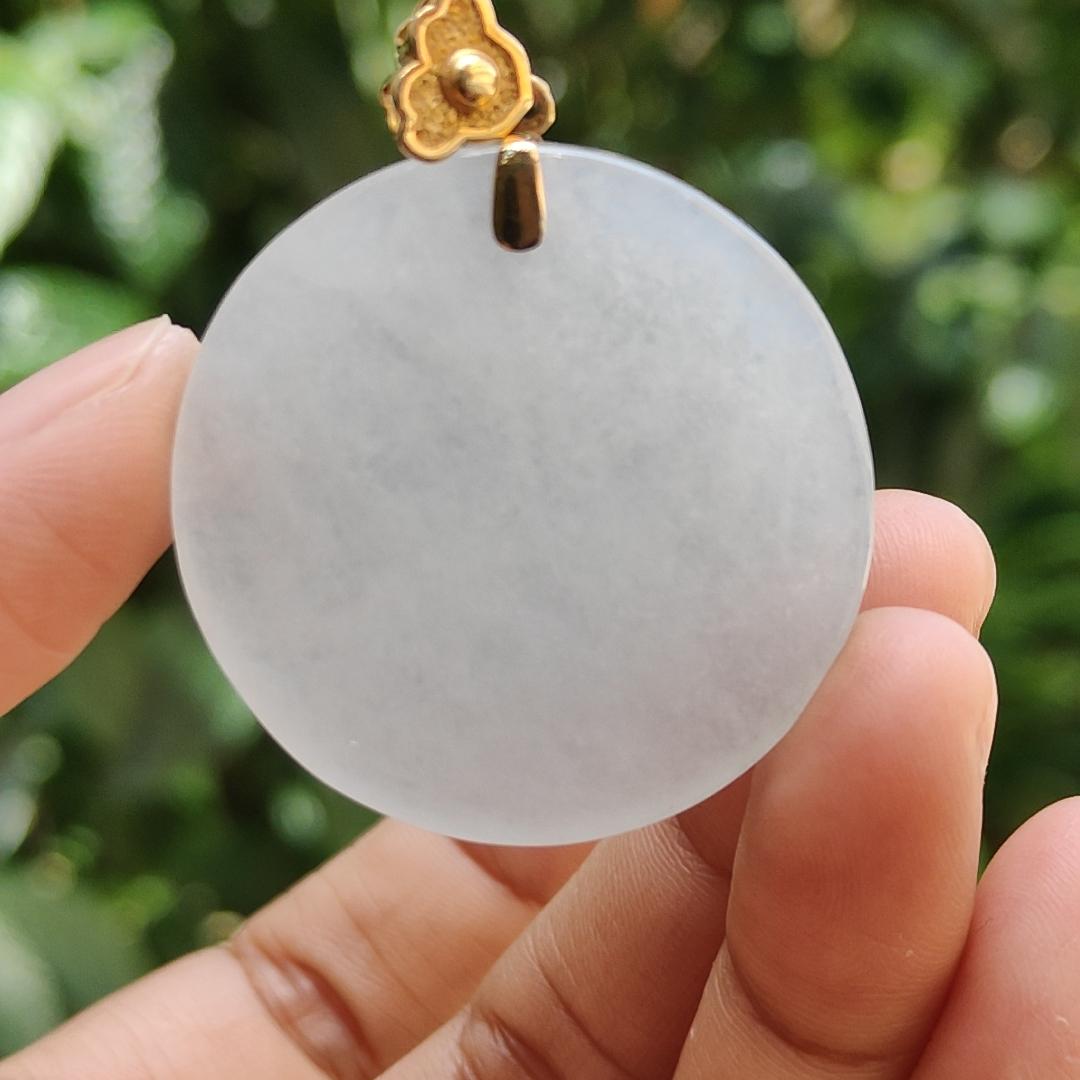 Mid-Year Special - Semi Icy Translucent Natural Type A Jadeite Jade crafted with round shape as Pendant with 18k Gold Clasp, certificate weigh 18.24 grams, measurement 35.2 * 5.5 mm (18kp32) Yi Pin Qian