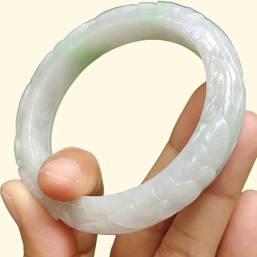 Type A Natural Jadeite Jade - Light Lavender Light Green Peace Bangle crafted with Patterns of Flowers, certificate weighs 54.67 grams, Wrist Size 56.6mm, Width 11.7 and Thickness 9mm (bangle11) Yi Pin Qian Jadeites Jade Jewelry ~Your Precious Quintessential ~ Singapore