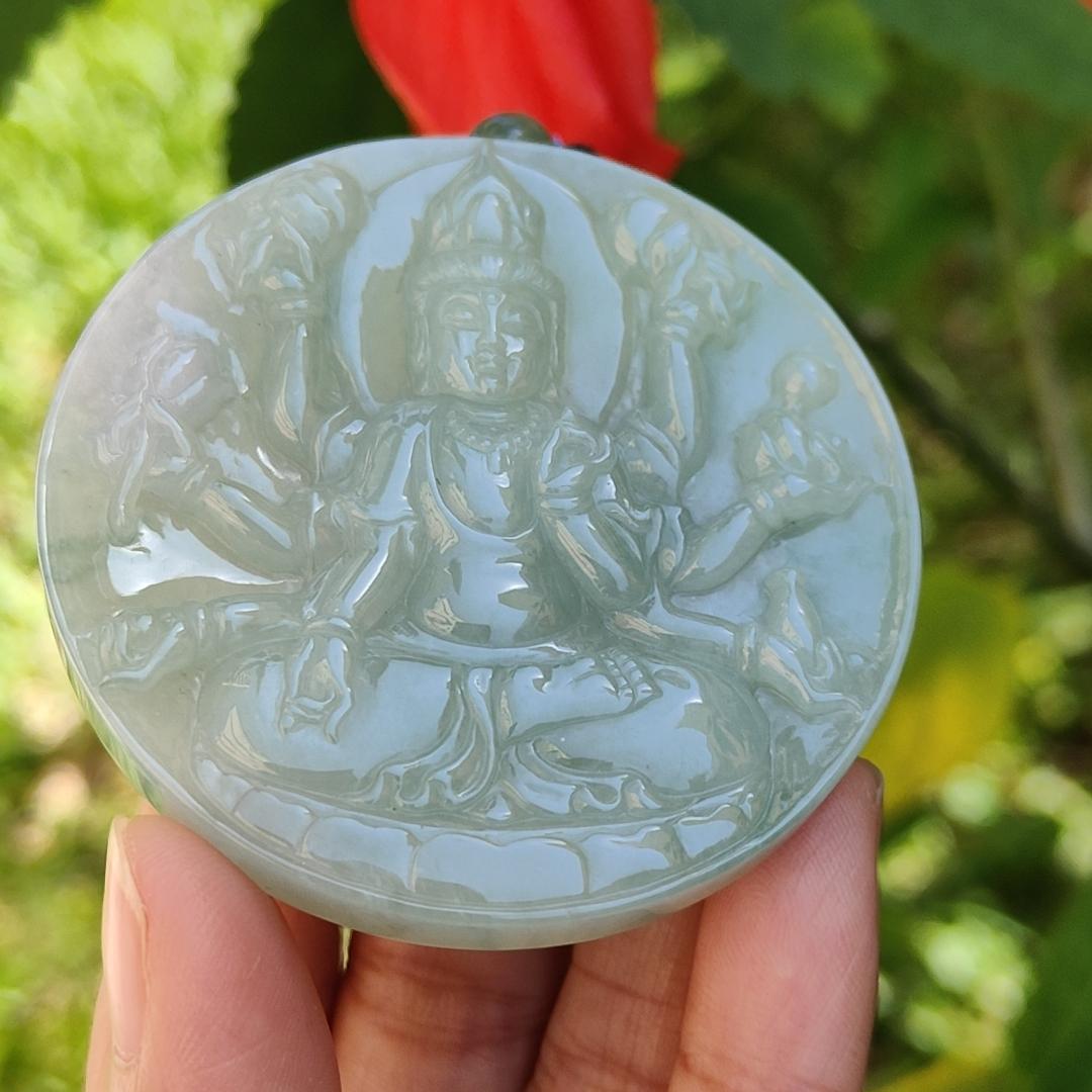 Light Green Natural Type A Jadeite Pendant Necklace crafted as Thousand Hands Guanyin with certificate weigh 48.82 grams, 57.6 * 57.6 * 7.2 mmsymbols of Eliminate obstacles and resolve all disasters, peace and auspiciousness for daily wear (pendant43) Yi Pin Qian
