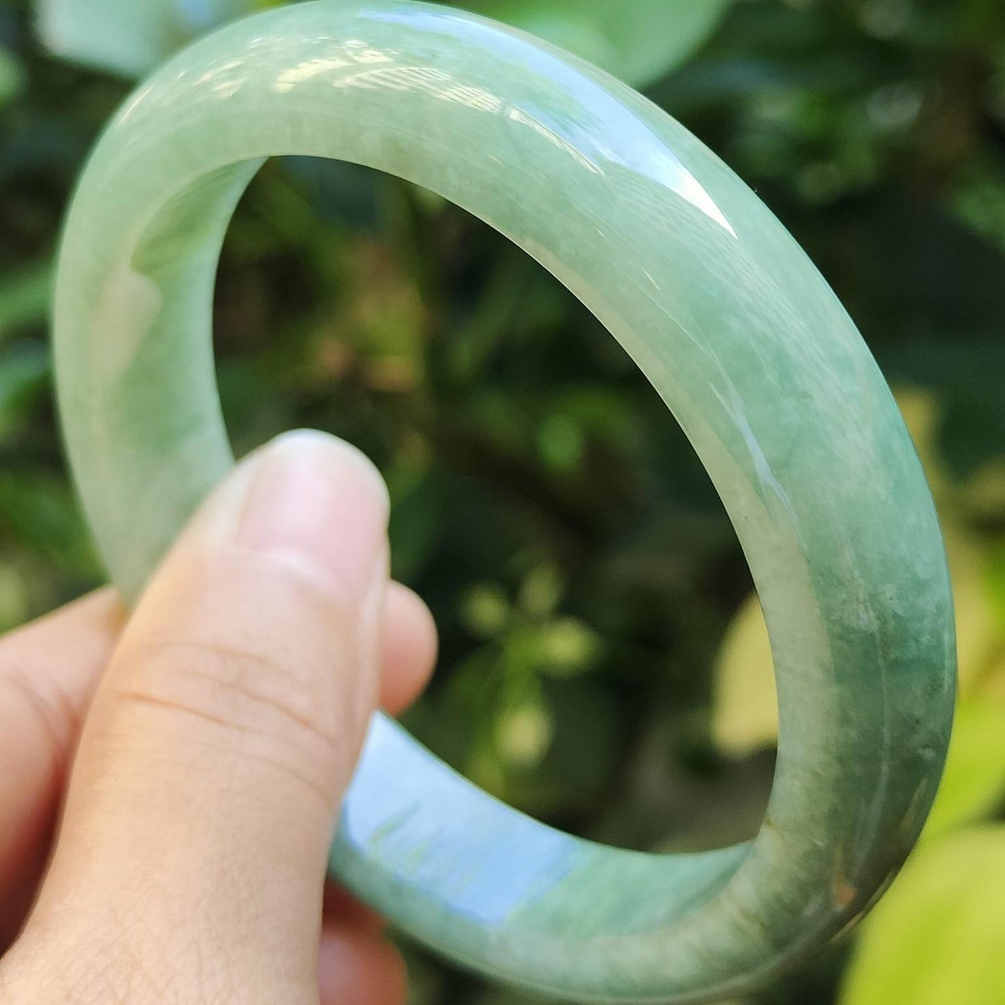 Peace Bangle Bracelet Size 55.5 mm on Light Green Natural Type A Jadeite Jade, certificate weighs 49.05 grams, Width 11.8 mm Thickness: 7.7 mm (bangle28) Yi Pin Qian Jadeites Jade Jewelry ~Your Precious Quintessential ~ Singapore
