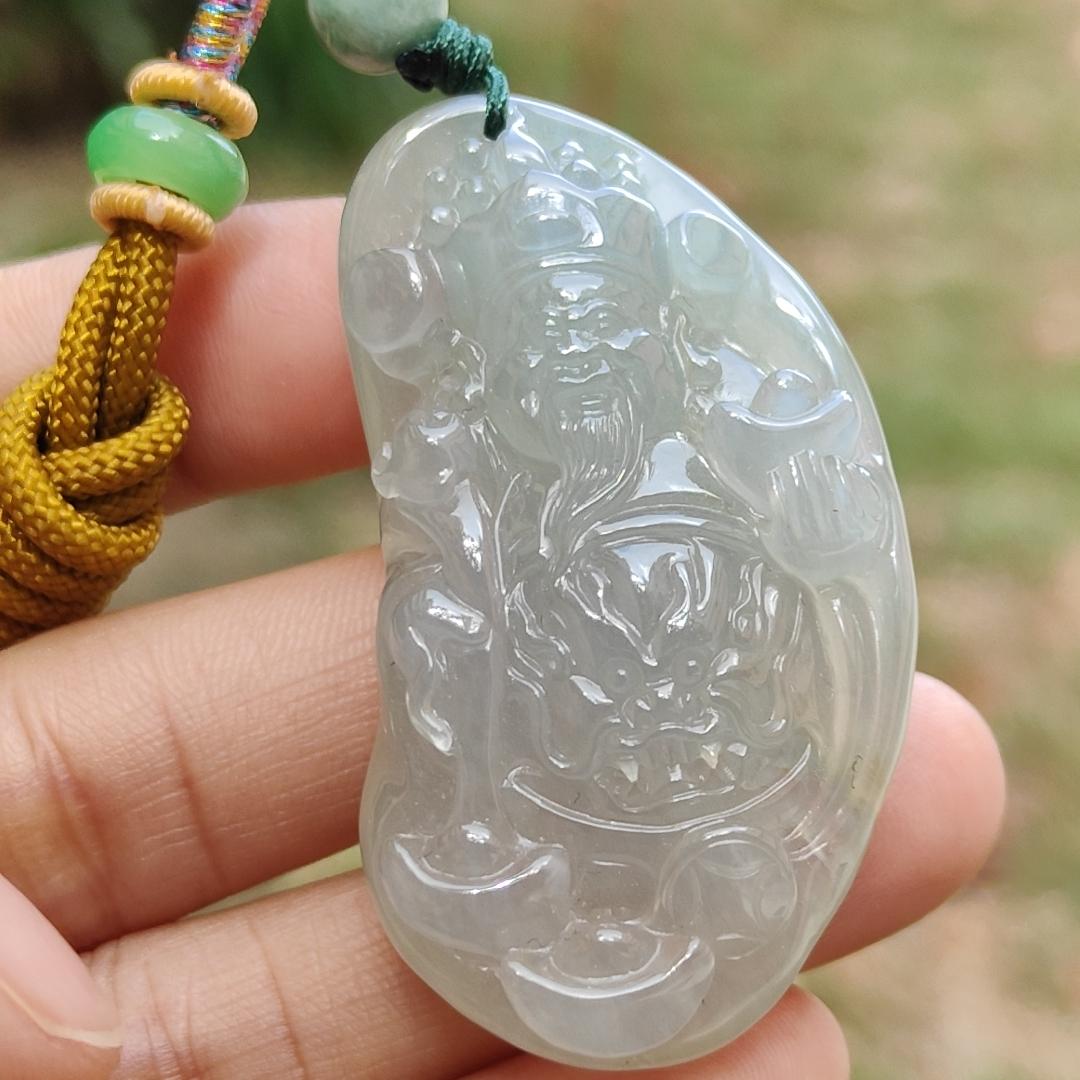 High Quality Icy Translucent Natural Type A Jadeite Jade crafted with God of Fortune as Pendant, certificate weighs 24.19 grams, measurement 48.8 * 27.3 * 10 mm (pendant274) Yi Pin Qian