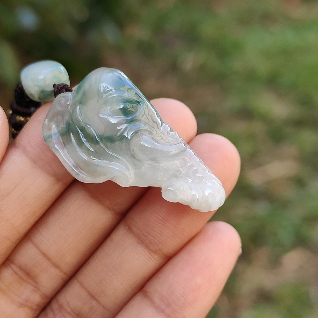 Very Rare Semi Icy Light Green Patches Natural Type A Jadeite Jade crafted with Elephant as Pendant, certificate weighs 8.63 grams, measurement 33 * 19.1 * 8.8 mm (pendant244) Yi Pin Qian