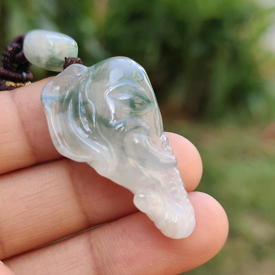 Very Rare Semi Icy Light Green Patches Natural Type A Jadeite Jade crafted with Elephant as Pendant, certificate weighs 8.63 grams, measurement 33 * 19.1 * 8.8 mm (pendant244) Yi Pin Qian