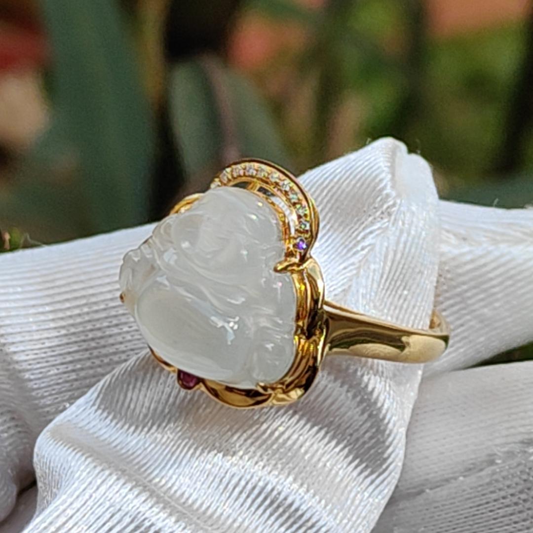 Premium Rare old pit Icy Natural Type A Jadeite Cabochon crafted as Laughing Buddha setting on G18K Gold as Ring with finger size 17.6mm, Certificate included weigh 3.23 grams, Jade measurement 12.8 * 14.8 * 4.1 mm (18kring5) Yi Pin Qian