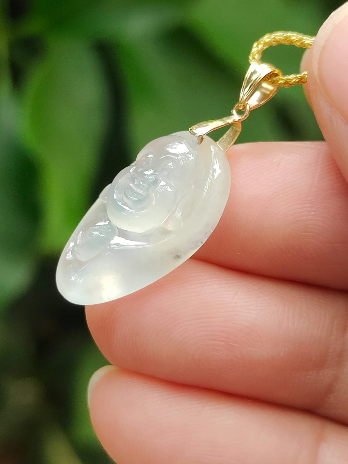 Icy Translucent Milo Buddha Pendant – 🪄Natural Type A Jadeite🪄, 18K Gold Clasp, Symbol of Joy & Abundance (18kp106) Yi Pin Qian Jadeites Jade Jewelry ~Your Precious Quintessential ~ Singapore
