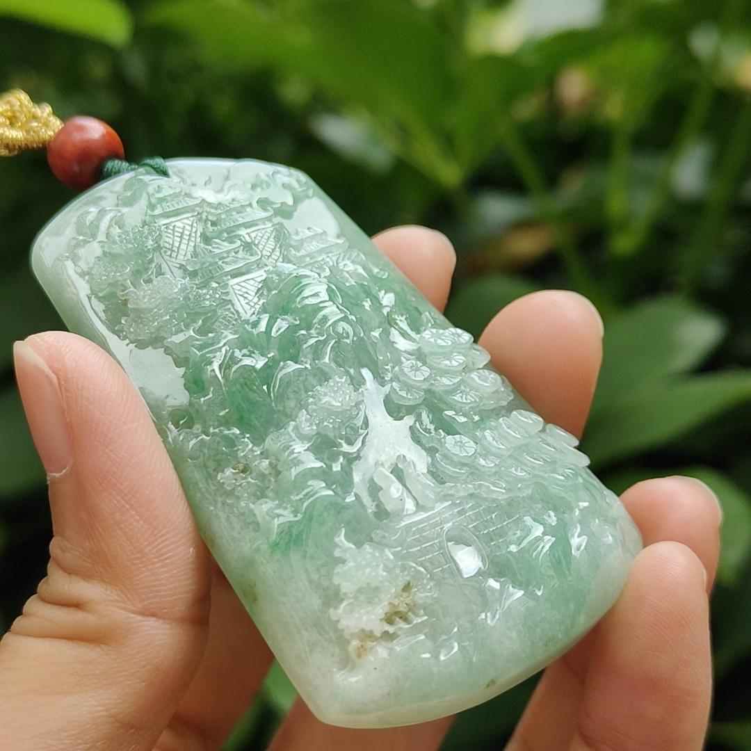 Crafted with Sceneries Pendant on Light Green Natural Type A Jadeite Jade, certificate weighs 63.08 grams, measurement 68.5 * 41.1 * 10.7 mm (pendant350) Yi Pin Qian Jadeites Jade Jewelry ~Your Precious Quintessential ~ Singapore