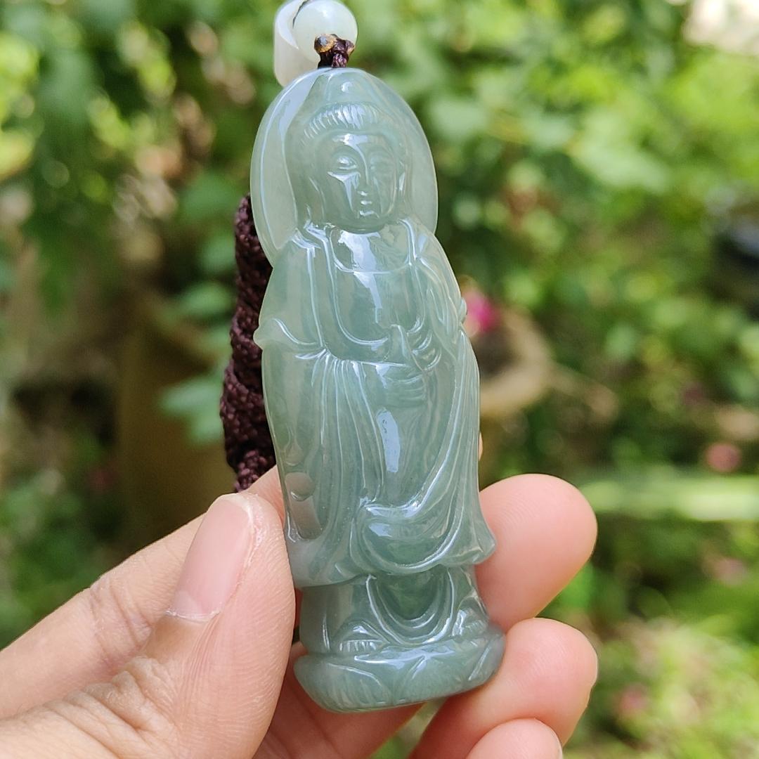 Good Quality Light Green Natural Type A Jadeite Jade crafted with standing Guanyin as Pendant, certificate weighs 31.45 grams, measurement 65.2 * 24.1 * 11 mm (pendant259) Yi Pin Qian