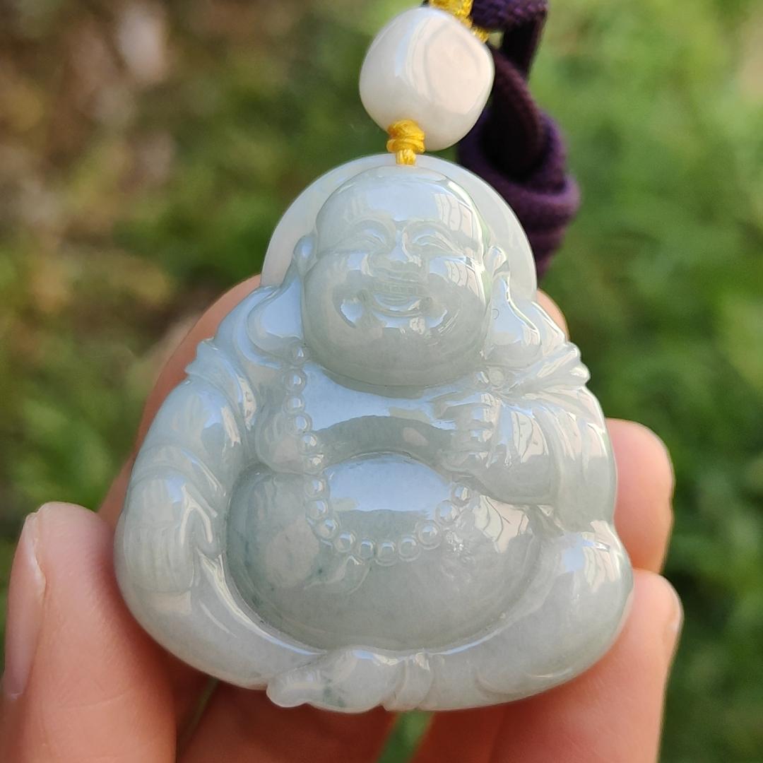 Light Green with green patches Natural Type A Jadeite Jade Pendant Necklace crafted as Laughing Buddha with certificate weigh 36.66 grams, 40.3 * 37.5 * 15 mm (pendant165) Yi Pin Qian