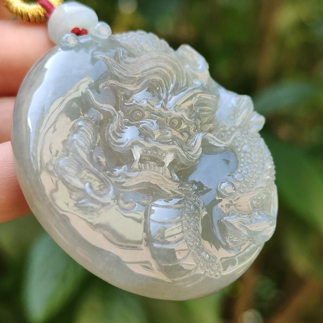 Light green with Brown fine quality Natural Type A Jadeite Pendant carved with dragon meaning wisdom, Auspiciousness, strength and independence with certificate weigh 41.21 grams, 46 * 40.60 * 10.80 mm, very suitable for daily wear (pendant91) Yi Pin Qian