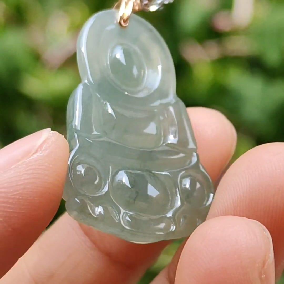Light Green Good Translucent Natural Type A Jadeite Jade crafted with Guanyin 18k gold clasps as Pendant, certificate weighs 6.36 grams, measurement 32.2 * 21 * 5.8 mm (18kp49) Yi Pin Qian