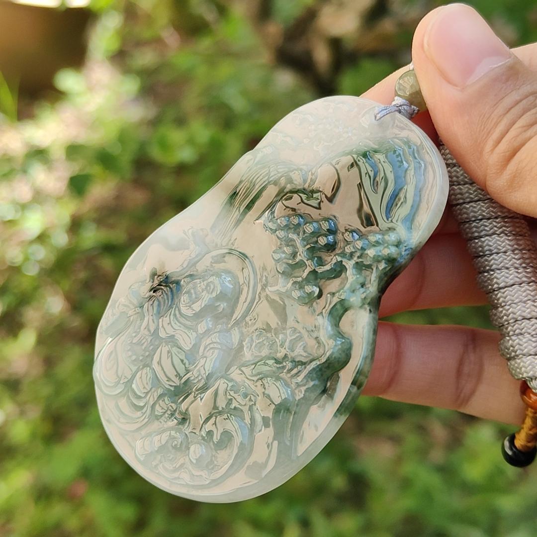 Premium Rare Semi Icy Natural Type A Jadeite crafted with Scenery and Laughing Buddha, certificate included weigh 51.59 grams, 71.8 * 53.1 * 7.5 mm, collector item, (pendant51), Yi Pin Qian