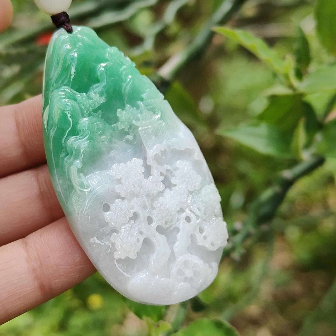 Light Purple with Light Green Double Tones Natural Type A Jadeite pendant carve with scenes come with certificate weight 26.36 grams, 57.30 * 32.20 * 7.10 mm suitable for your daily wear or for collection (pendant116) Yi Pin Qian