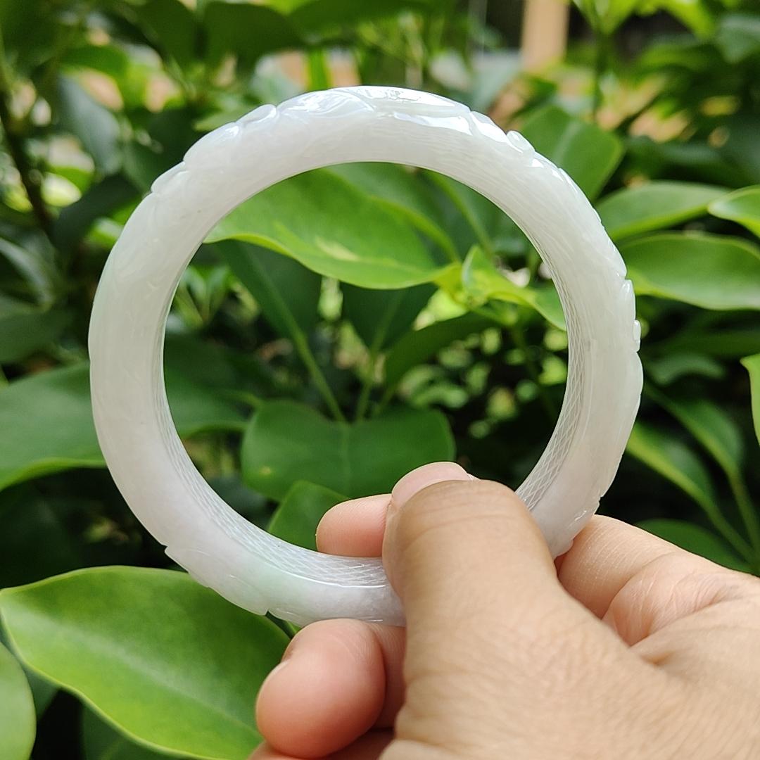 Type A Natural Jadeite Jade - Light Lavender Light Green Peace Bangle crafted with Patterns of Flowers, certificate weighs 54.67 grams, Wrist Size 56.6mm, Width 11.7 and Thickness 9mm (bangle11) Yi Pin Qian Jadeites Jade Jewelry ~Your Precious Quintessential ~ Singapore