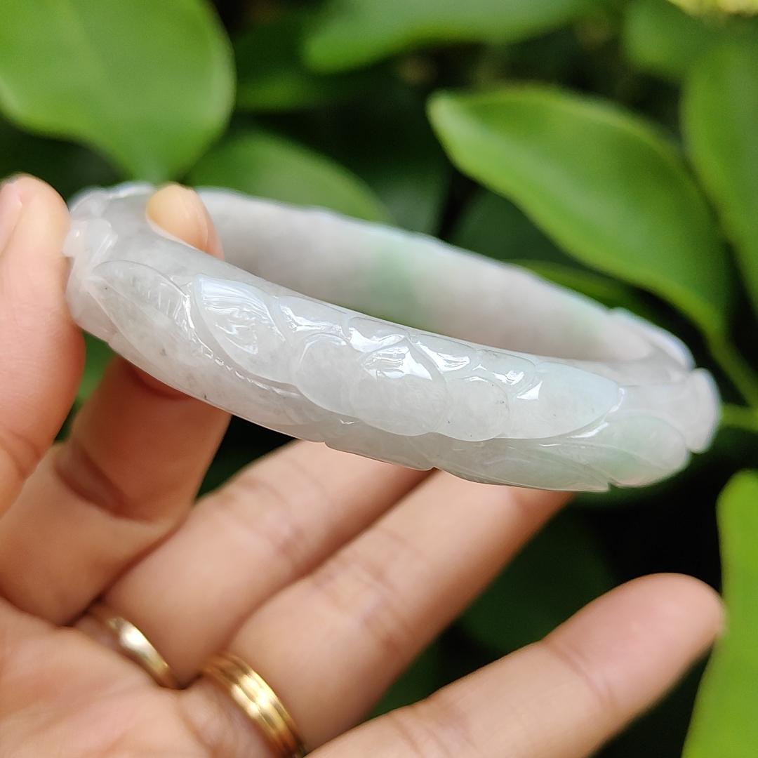 Type A Natural Jadeite Jade - Light Lavender Light Green Peace Bangle crafted with Patterns of Flowers, certificate weighs 54.67 grams, Wrist Size 56.6mm, Width 11.7 and Thickness 9mm (bangle11) Yi Pin Qian Jadeites Jade Jewelry ~Your Precious Quintessential ~ Singapore