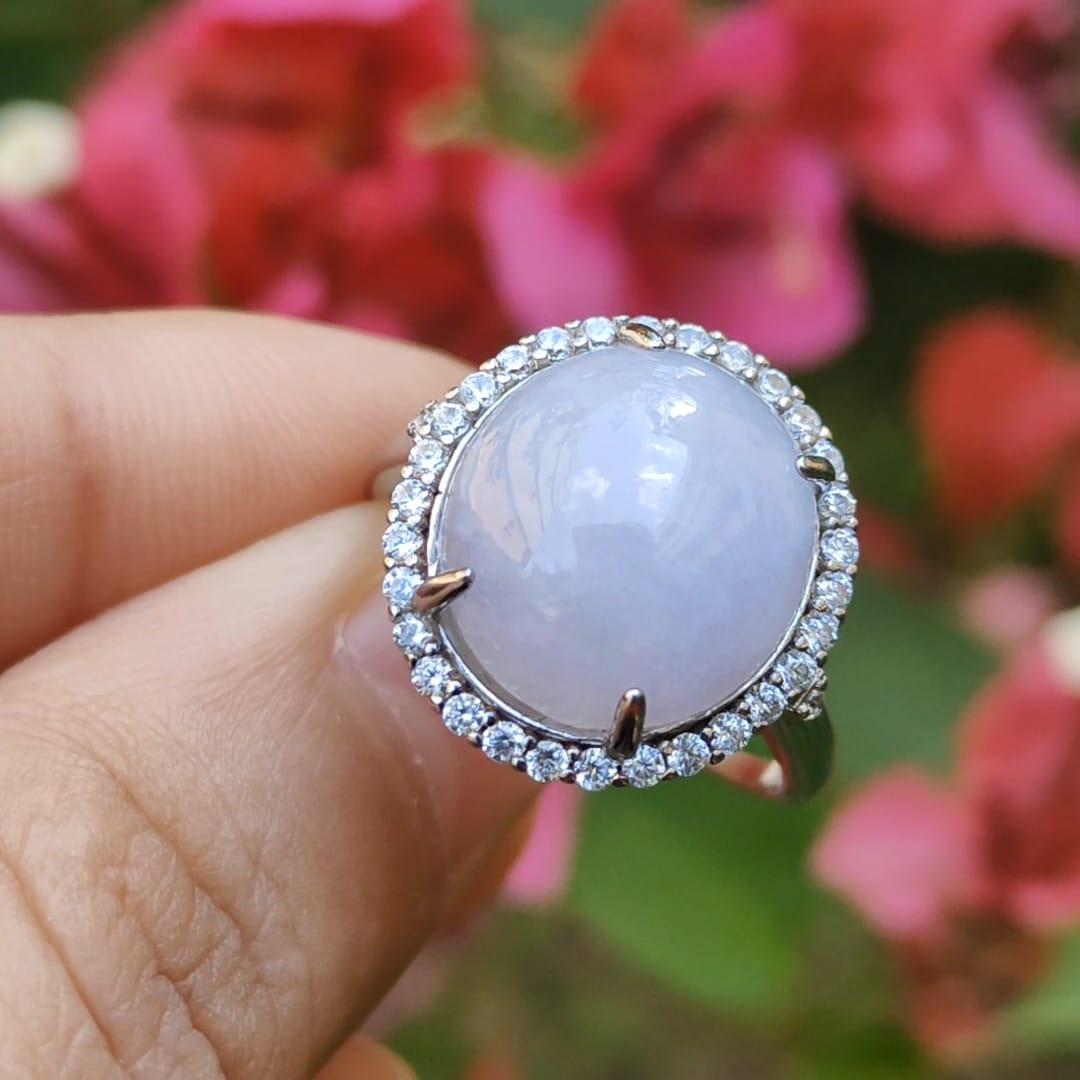 Lavender Cabochon set on S925 Silver adjustable ring Natural Type A Jadeite with QIC Labs approved certificate included weigh 3.99 grams, 13.8 * 12.3 * 5.7 mm suitable for all occasions (s925ring1) Yi Pin Qian