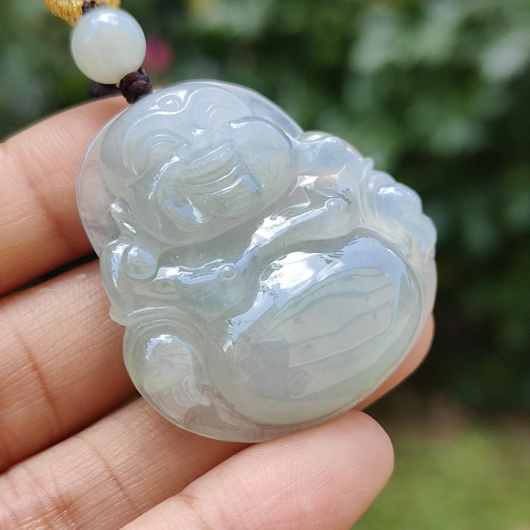 Premium Quality with good density and light green bluish hue Natural Type A Jadeite Pendant Necklace crafted with Laughing Buddha, certificate included weigh 17.14 grams, 36.7 * 34.2 * 8.7 mm, a good collection or for your daily wear (pendant32) Yi Pin Qian