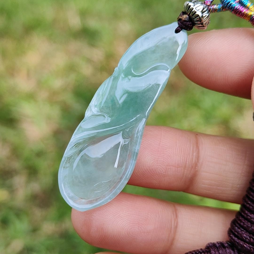 Icy Light Green Natural Type A Jadeite Jade Pendant Crafted with Fish and Lotus, certificate weigh 6.07 grams, measurement 46.3 * 15.8 * 5.5 mm (pendant191) Yi Pin Qian
