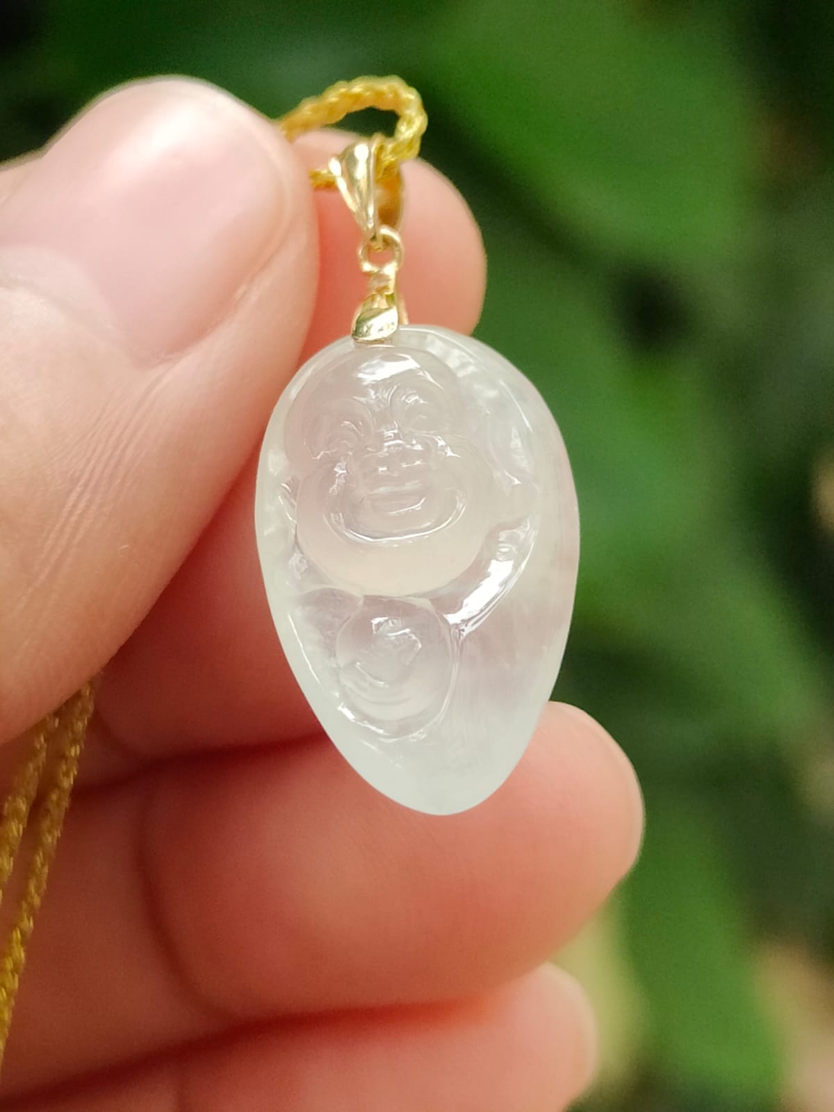 Icy Translucent Milo Buddha Pendant – 🪄Natural Type A Jadeite🪄, 18K Gold Clasp, Symbol of Joy & Abundance (18kp106) Yi Pin Qian Jadeites Jade Jewelry ~Your Precious Quintessential ~ Singapore