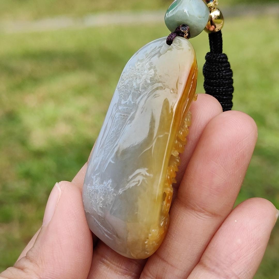 Beautifully crafted with sceneries on Yellow Natural Type A Jadeite Jade as a Pendant Necklace with certificate weigh 27.75 grams, measurement 52.1 * 25.7 * 12.7 mm (pendant206) Yi Pin Qian