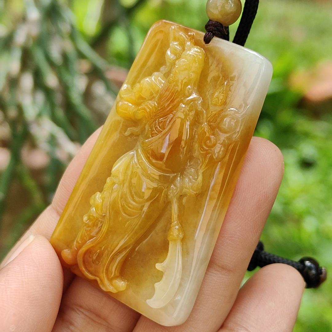 Rare Old Yellow with Red Natural Type A Jadeite Pendant Crafted with Guan Gong come with ceritificate weight 24.70 grams, 49.7 * 32 * 8 mm for Guan Gong collectors (pendant118) Yi Pin Qian