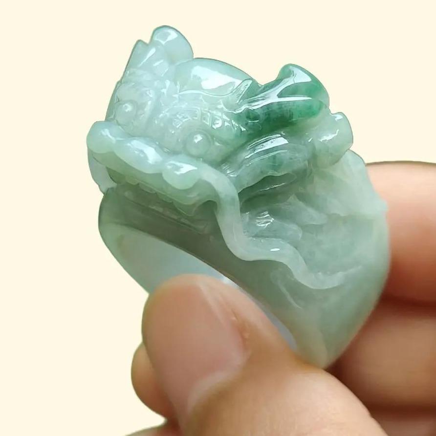 20mm Finger Size Type-A Natural Jadeite-Jade crafted with Dragon as Ring, certificate weighs 22.13 grams, measurement 88.7 * 28.3 * 13.8 mm (ring11) Yi Pin Qian Jadeites Jade Jewelry ~Your Precious Quintessential ~ Singapore