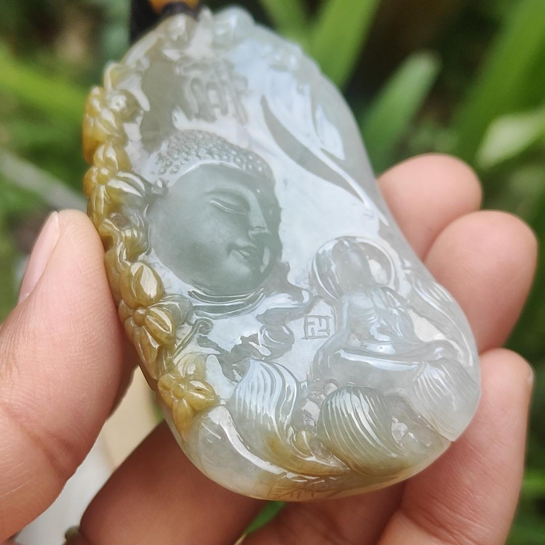 High Quality Yellow with Light Green Natural Type A Jadeite Jade crafted with Buddha and Monk as Pendant, certificate weigh 54.87 grams, measurement 71.6 * 35.6 * 9.5 mm (pendant262) Yi Pin Qian