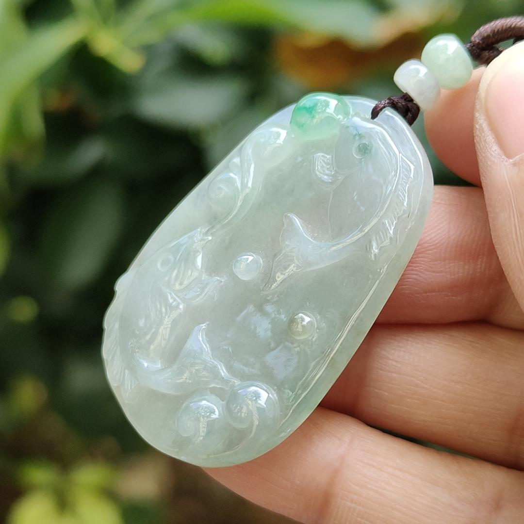 Crafted with pair of fish on Natural Type A Jadeite Jade as pendant certificate weighs 13.22 grams, measurement 42.8 * 30.3 * 5.2 mm (pendant343) Yi Pin Qian Jadeites Jade Jewelry ~Your Precious Quintessential ~ Singapore