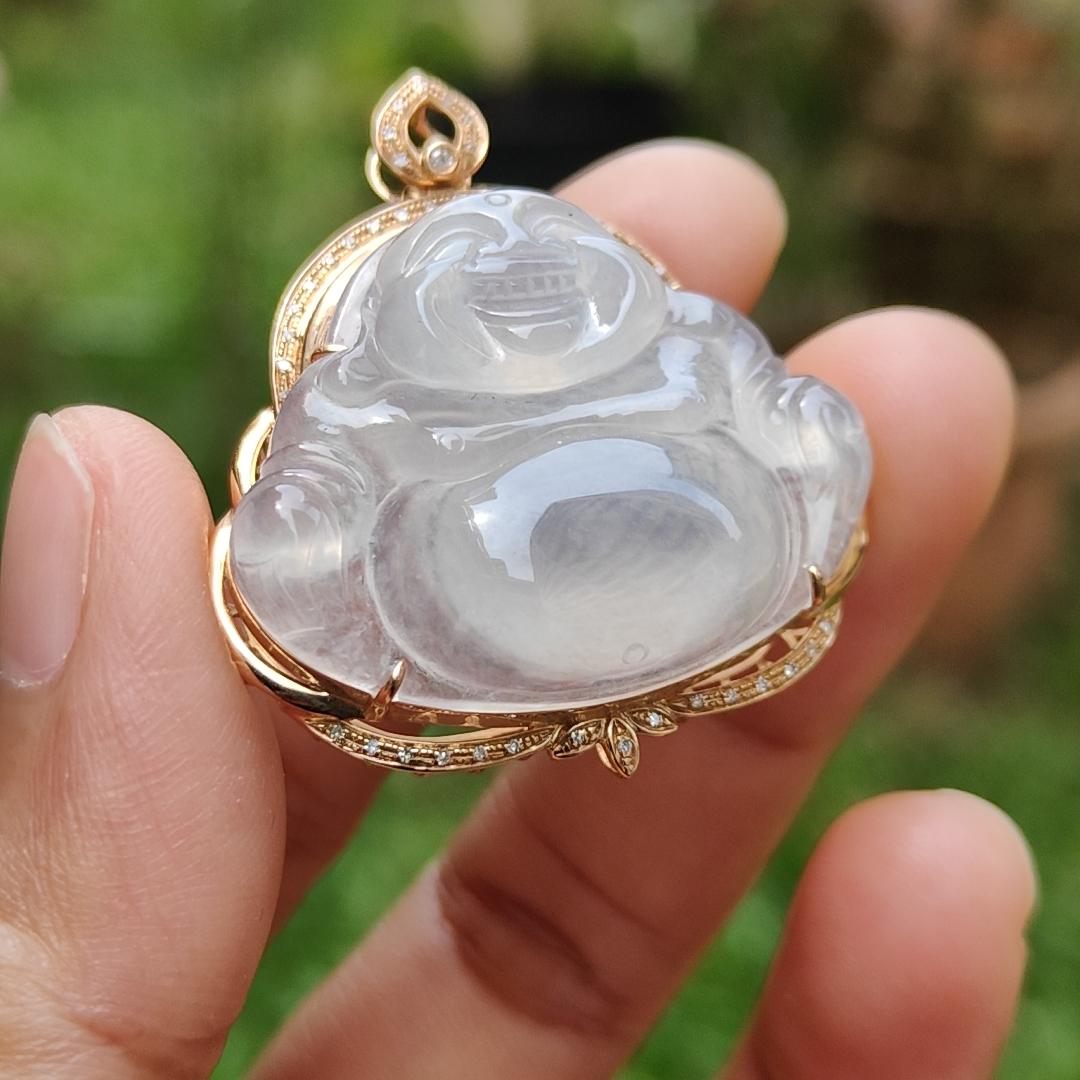 Icy Translucent Natural Type A Jadeite Jade crafted as Milo Buddha set on 18k gold with diamonds as Pendant Necklace, certificate included weigh 9.62 grams, 37.6 * 33.8 * 10.8 mm (18kp13) Yi Pin Qian