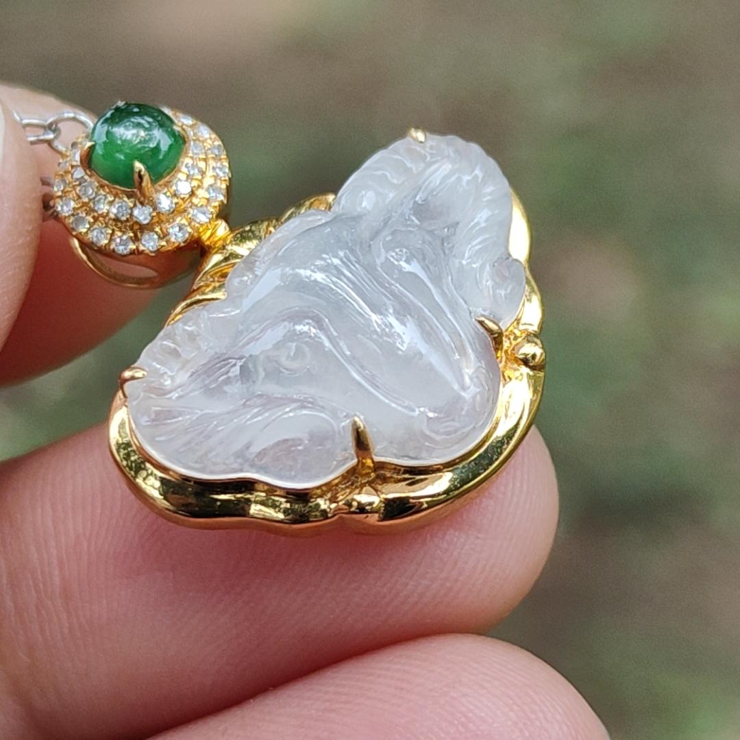 High Quality Icy Translucent Natural Type A Jadeite Jade crafted as Goat set with 18k Gold as Pendant, certificate weighs 2.99 grams, measurement 23 * 20.5 * 7.6 mm (18kp56) Yi Pin Qian