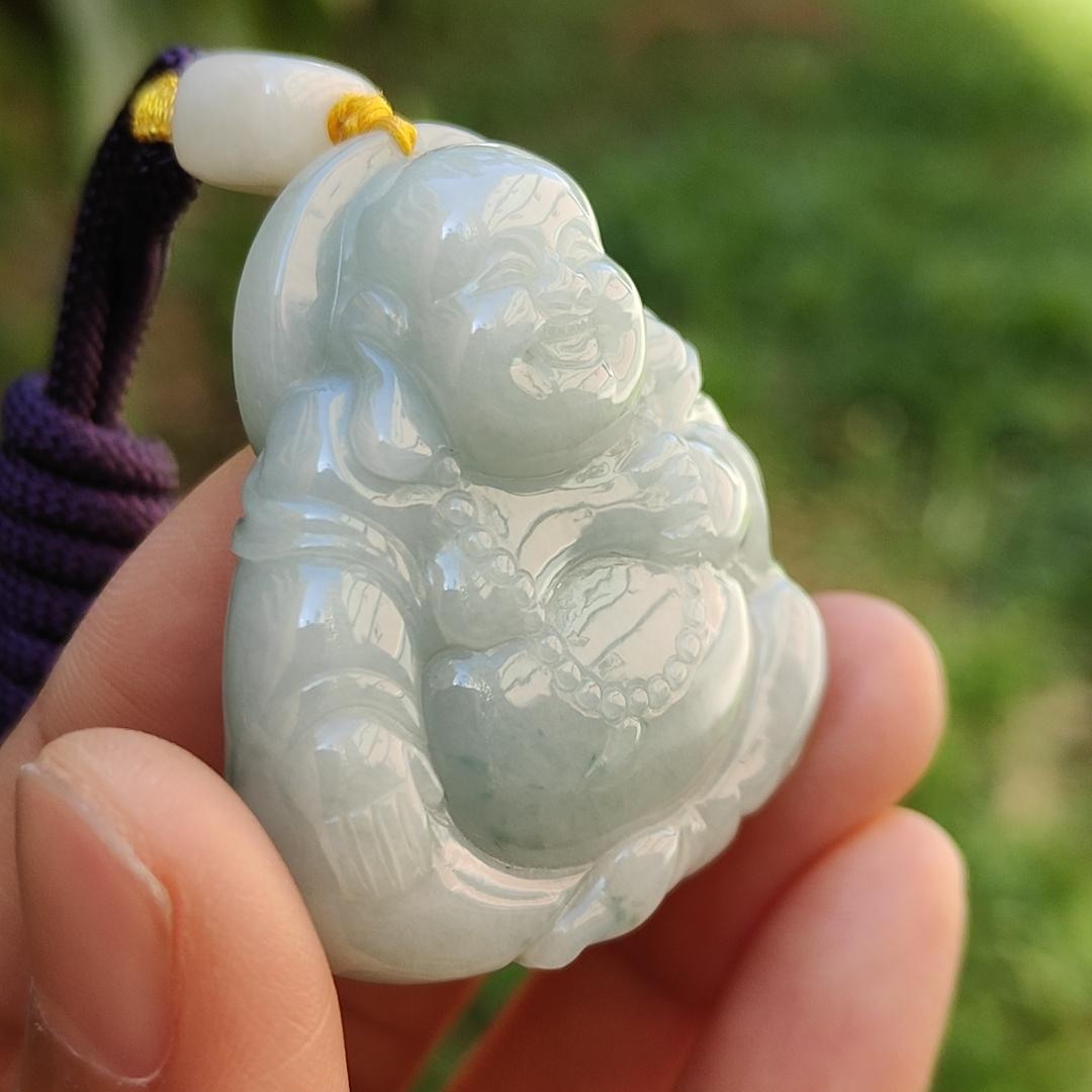 Light Green with green patches Natural Type A Jadeite Jade Pendant Necklace crafted as Laughing Buddha with certificate weigh 36.66 grams, 40.3 * 37.5 * 15 mm (pendant165) Yi Pin Qian