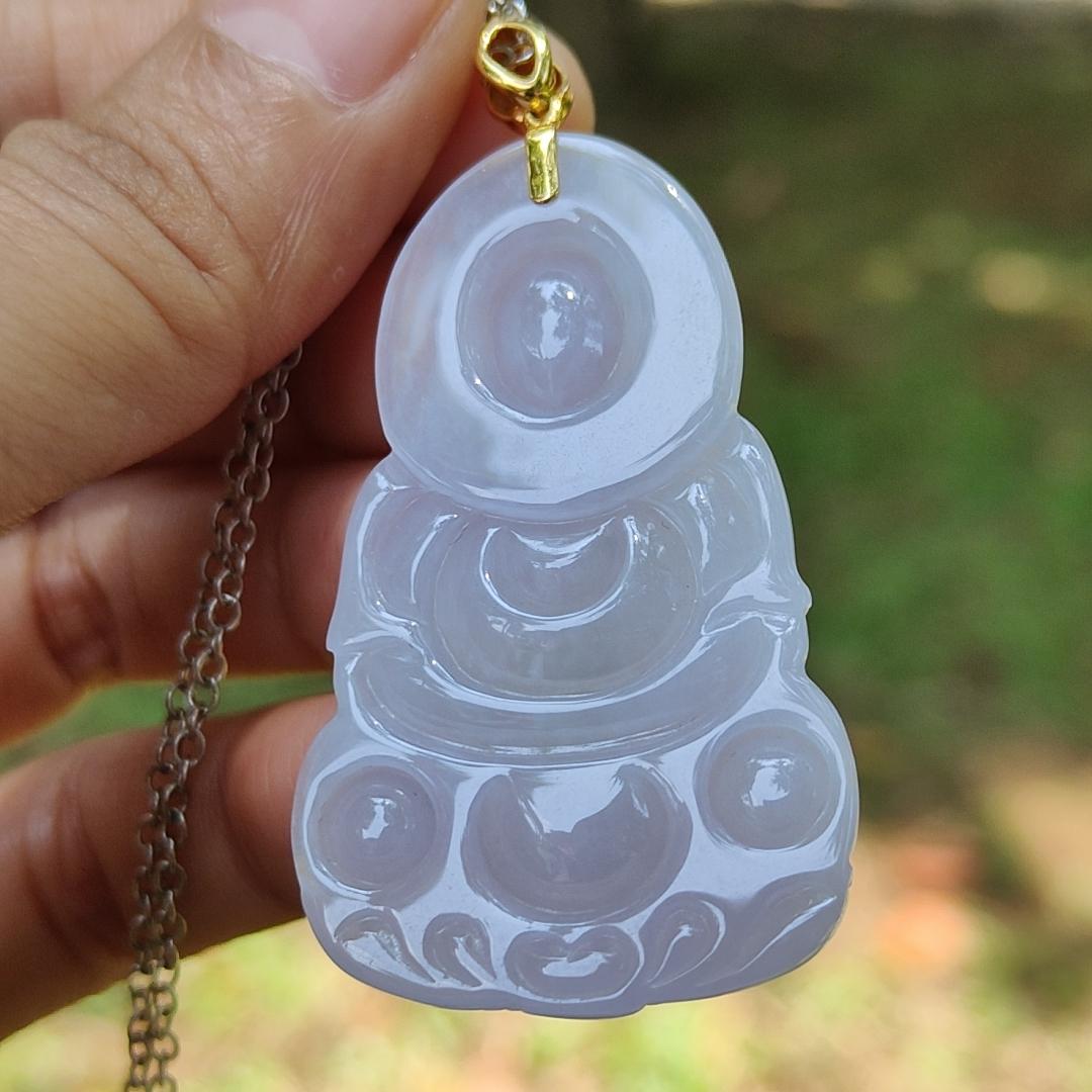 High Quality Light Lavender Natural Type A Jadeite Jade crafted As Guanyin set with 18k Gold Clasp as Pendant, certificate weighs 14.87 grams, measurement 46.6 * 28.2 * 6.5 mm (18kp58) Yi Pin Qian