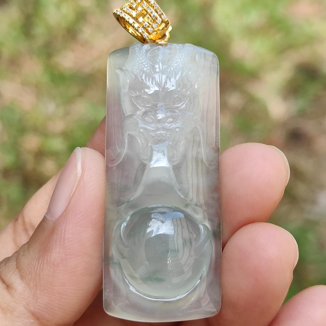 Premium Icy Translucent Light Green Natural Type A Jadeite Jade crafted with Dragon set on 18k Gold as Pendant, certificate weighs 12.99 grams, measurement 46.8 * 19.7 * 7.7 mm (18kp43) Yi Pin Qian